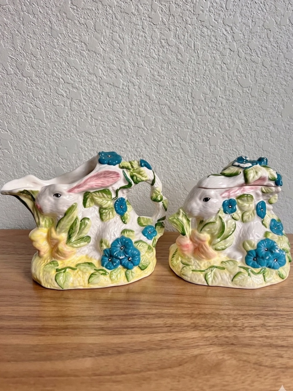 Vintage Ceramic Bunny Rabbit Creamer Pitcher and Sugar Jar with Lid Set Pair